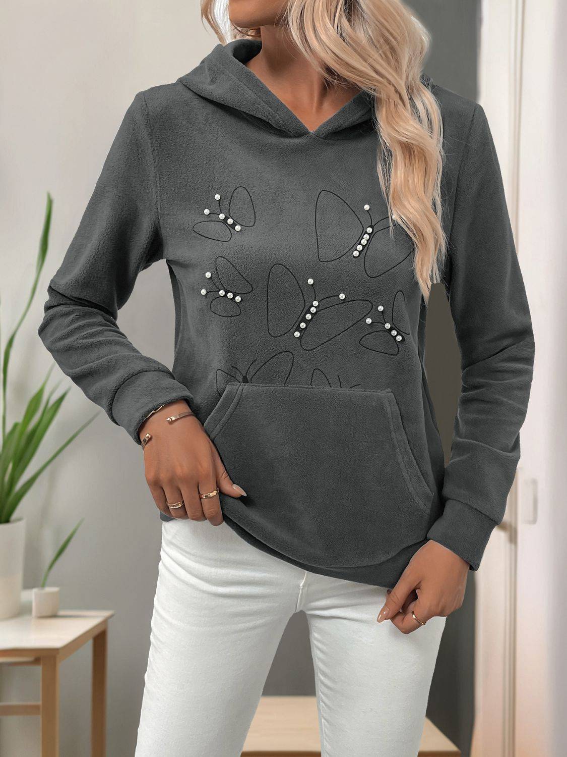 Model wearing Perfee Pearl Butterfly Hoodie