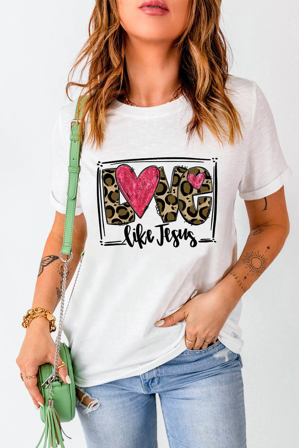 LOVE LIKE JESUS T-Shirt with leopard print heart design
