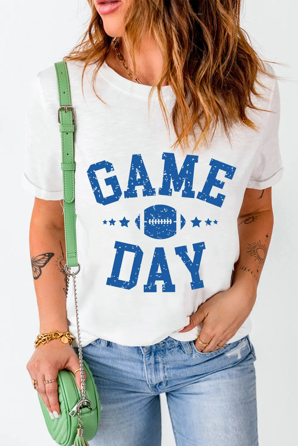 Casual white GAME DAY T-shirt, blue text, round neck