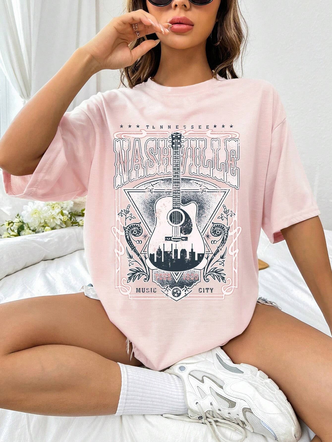 Pink Nashville guitar graphic round neck t-shirt