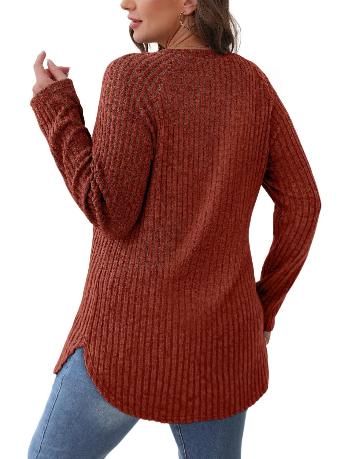 Rust ribbed round neck raglan sleeve t-shirt back view