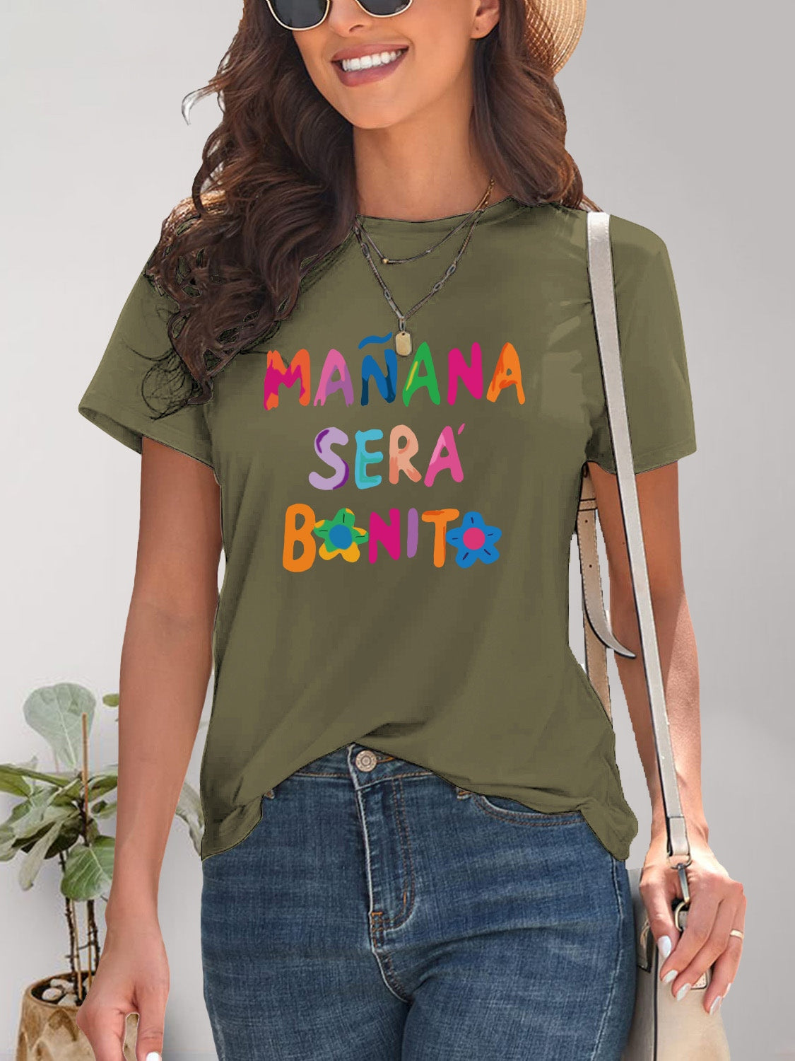 Olive T-shirt with colorful &