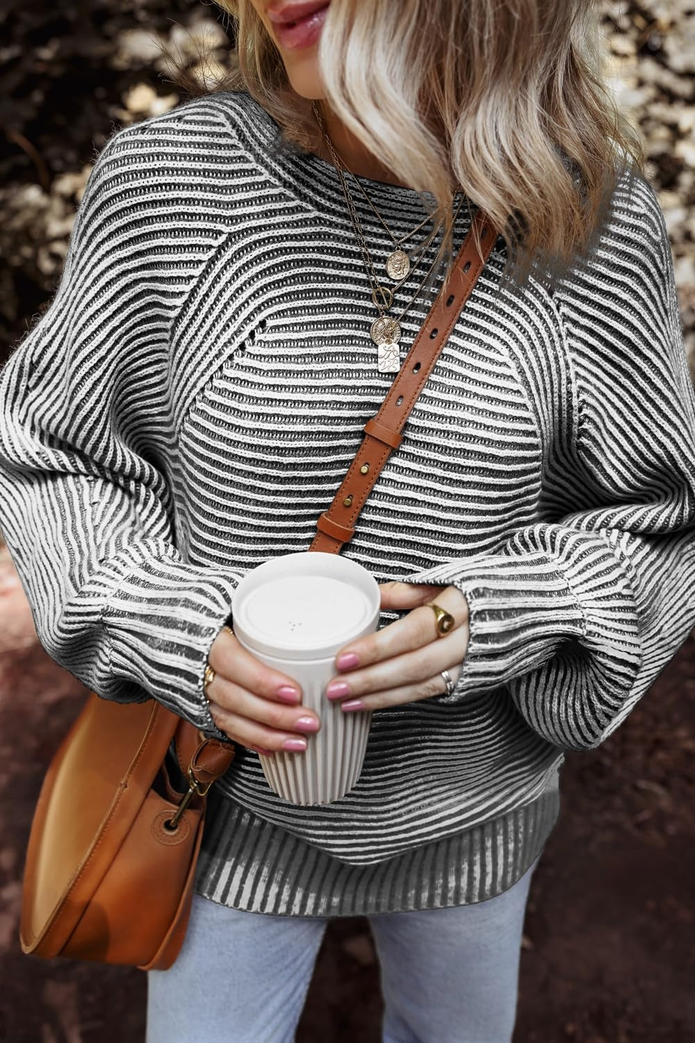 Black and white textured striped round neck long sleeve top