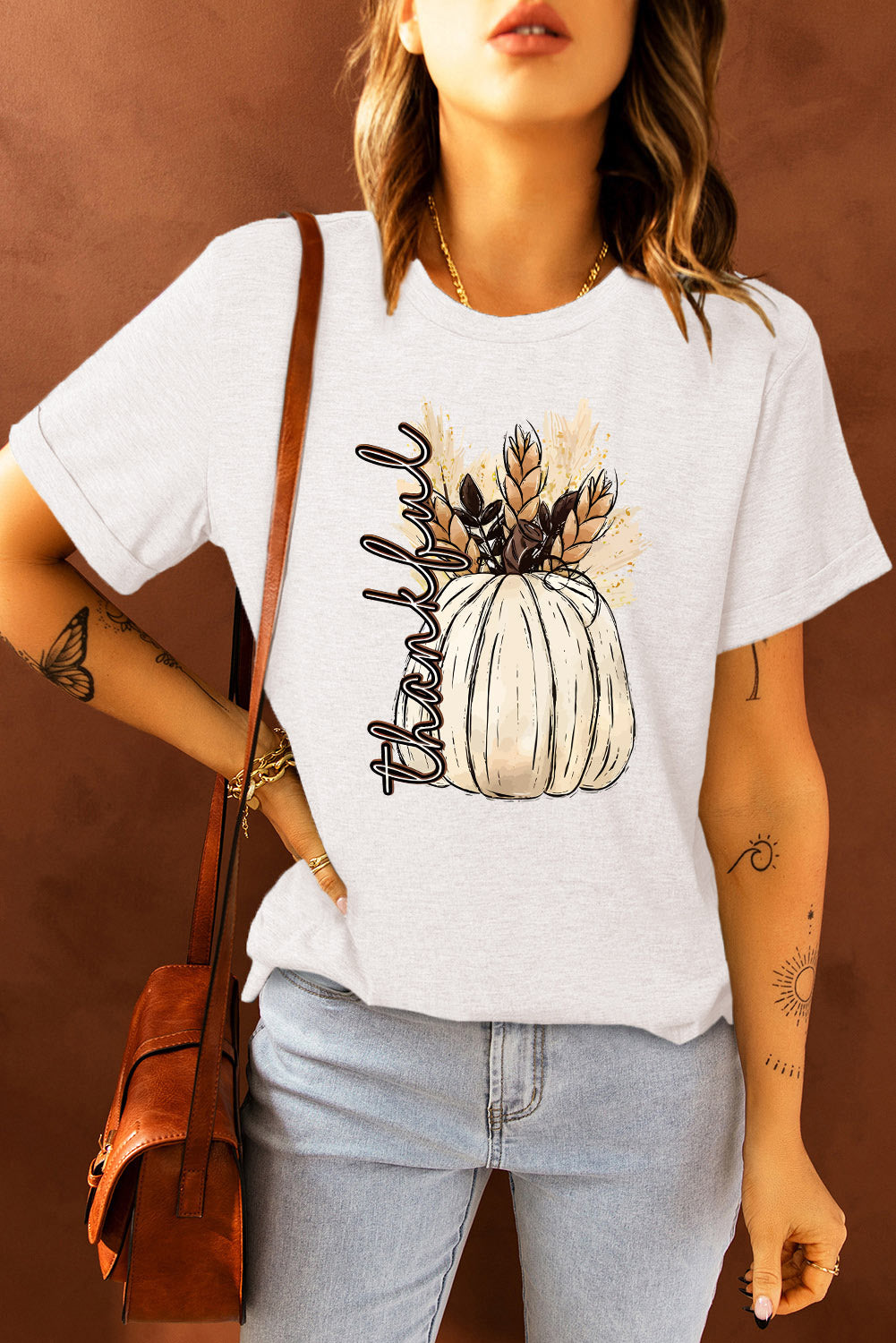 Thankful graphic round neck short sleeve T-shirt
