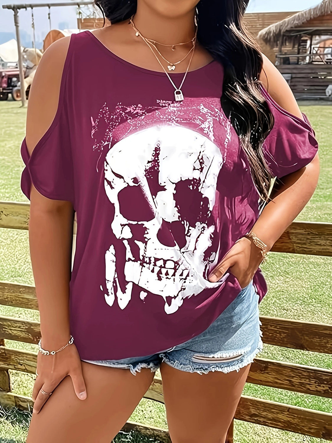 Purple skeleton graphic round neck cold shoulder T-shirt