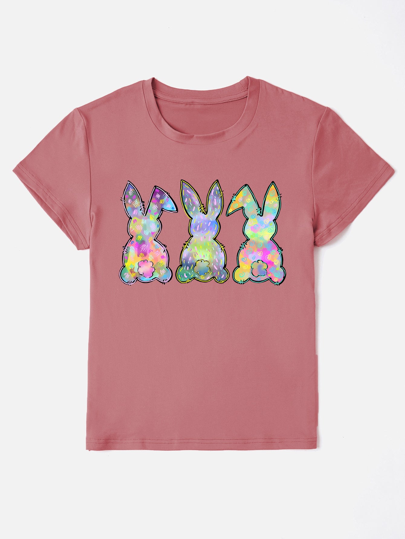 Dusty pink rabbit print round neck short sleeve t-shirt