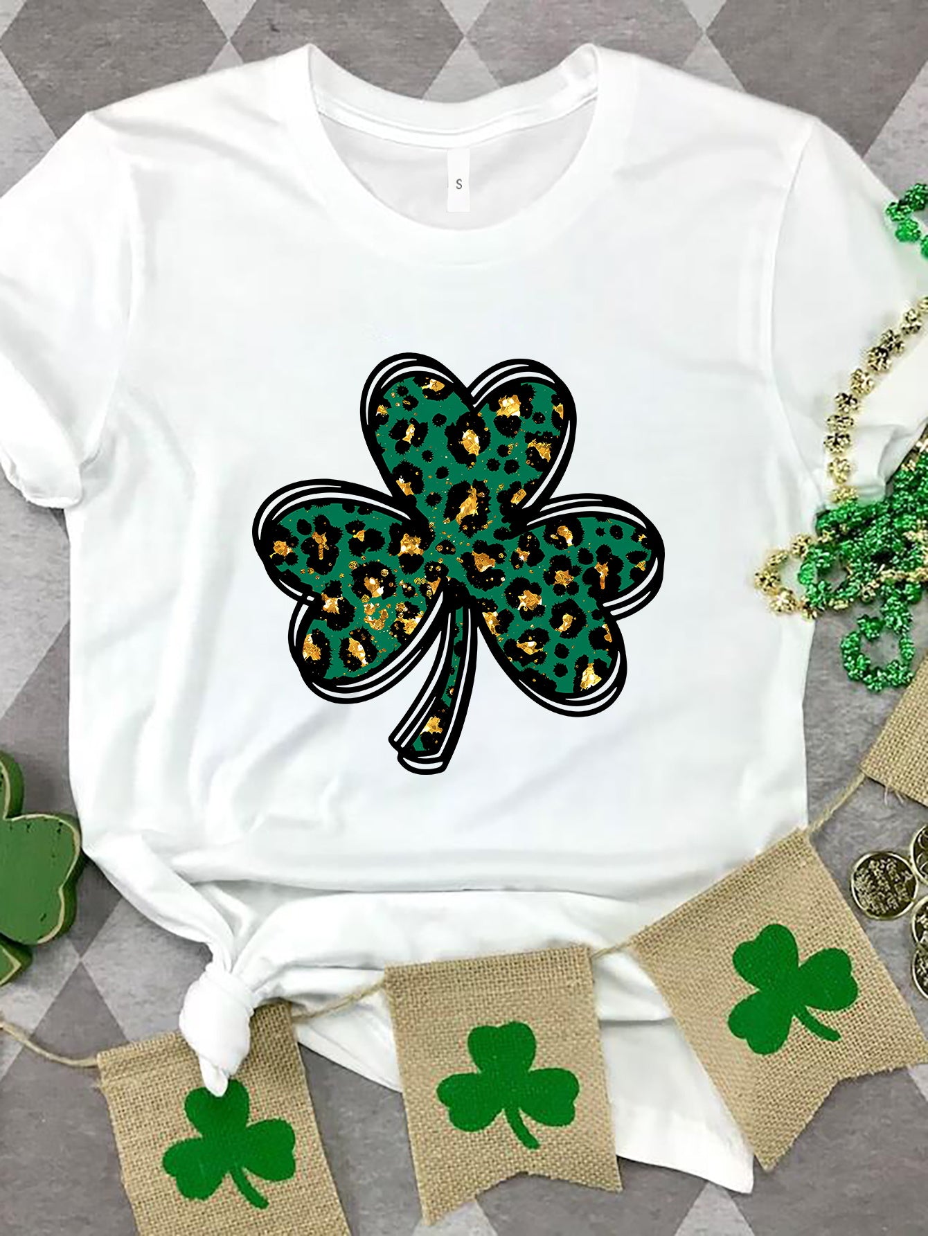 White Lucky Clover T-Shirt with leopard print design