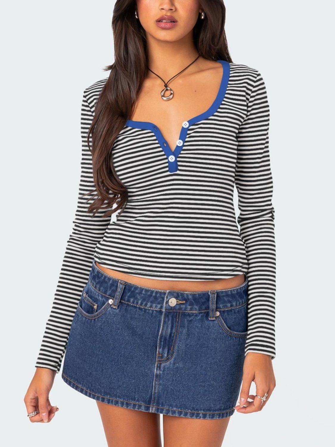 Black and white striped long sleeve T-shirt with buttons