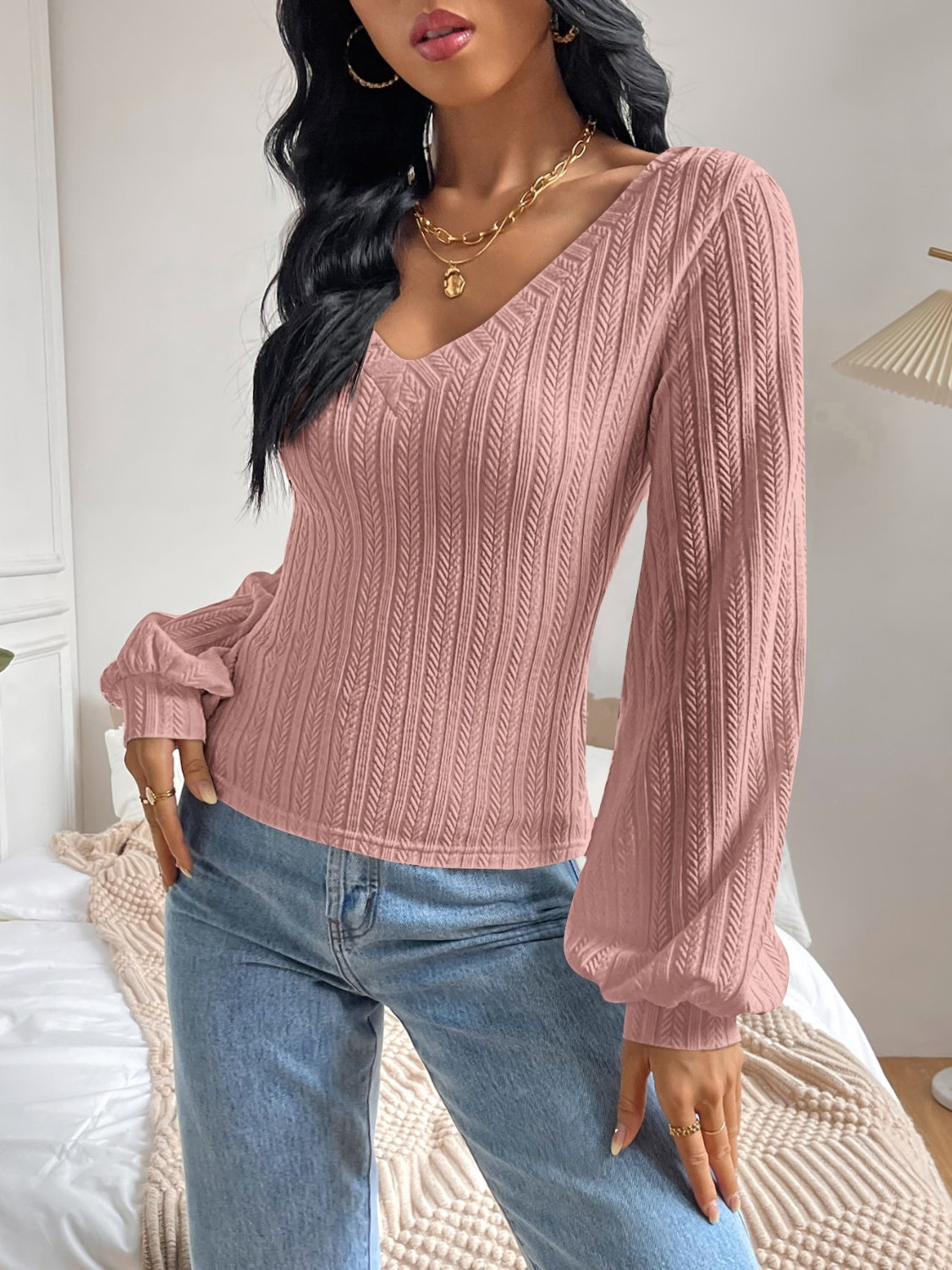 Honey V-Neck Long Sleeve T-Shirt in pink, side view
