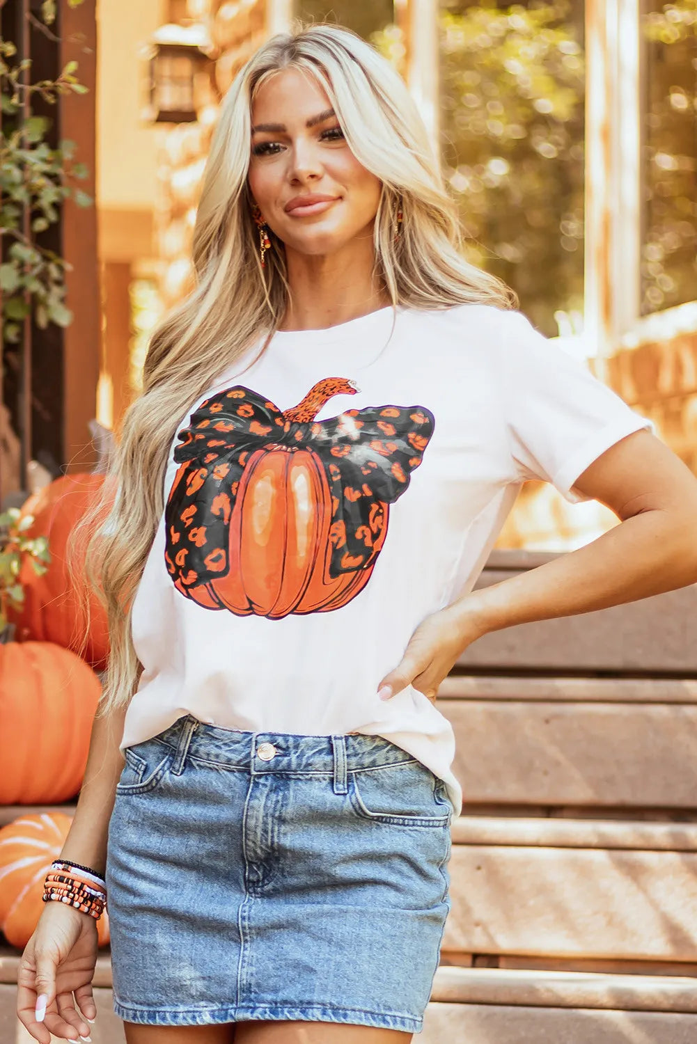 Front view of pumpkin round neck short sleeve t-shirt