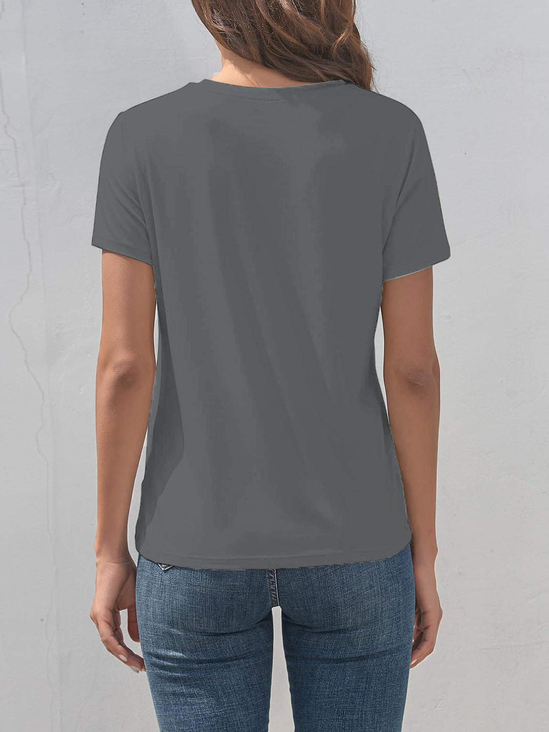 Back view of gray round neck short sleeve T-shirt