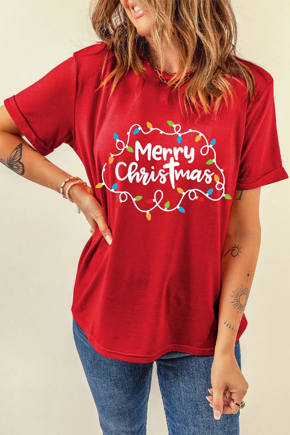 Festive Merry Christmas T-shirt with light string design.