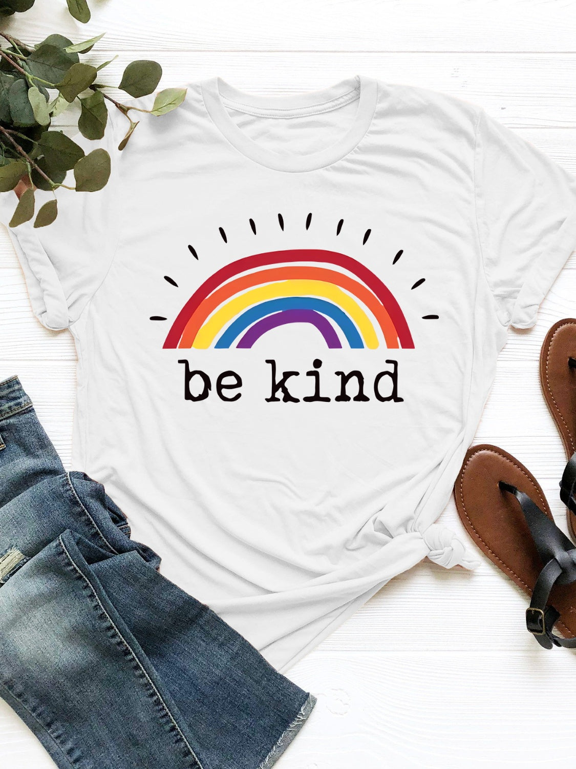 White graphic round neck short sleeve T-shirt with rainbow design