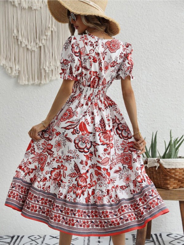 Kleid mit Maxi-Ausschnitt und Puffärmeln, Allover-Positioning-Print und Print