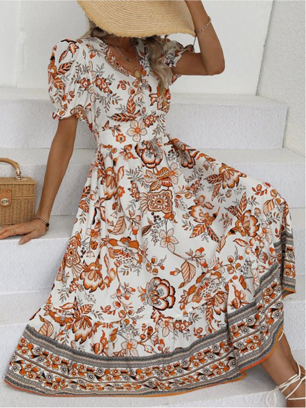 Kleid mit Maxi-Ausschnitt und Puffärmeln, Allover-Positioning-Print und Print