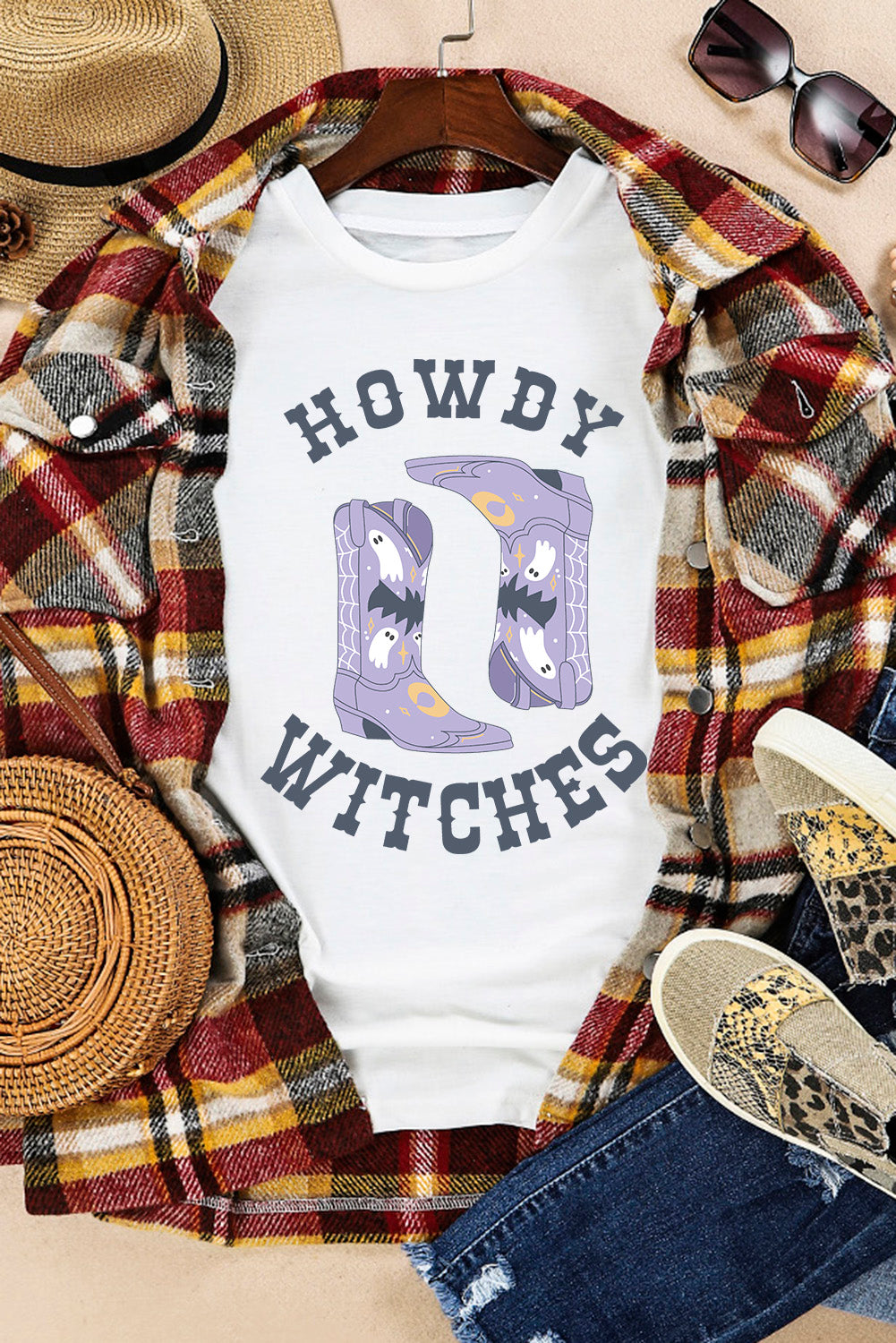 Howdy Witches t-shirt styled with plaid jacket