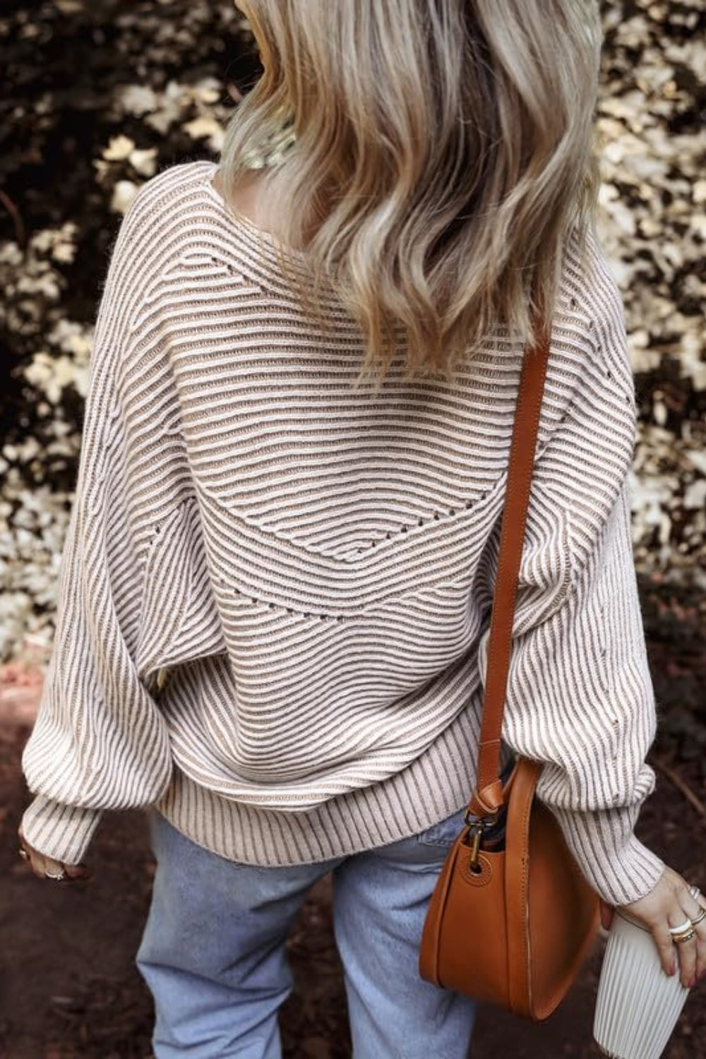 Beige textured striped round neck long sleeve top