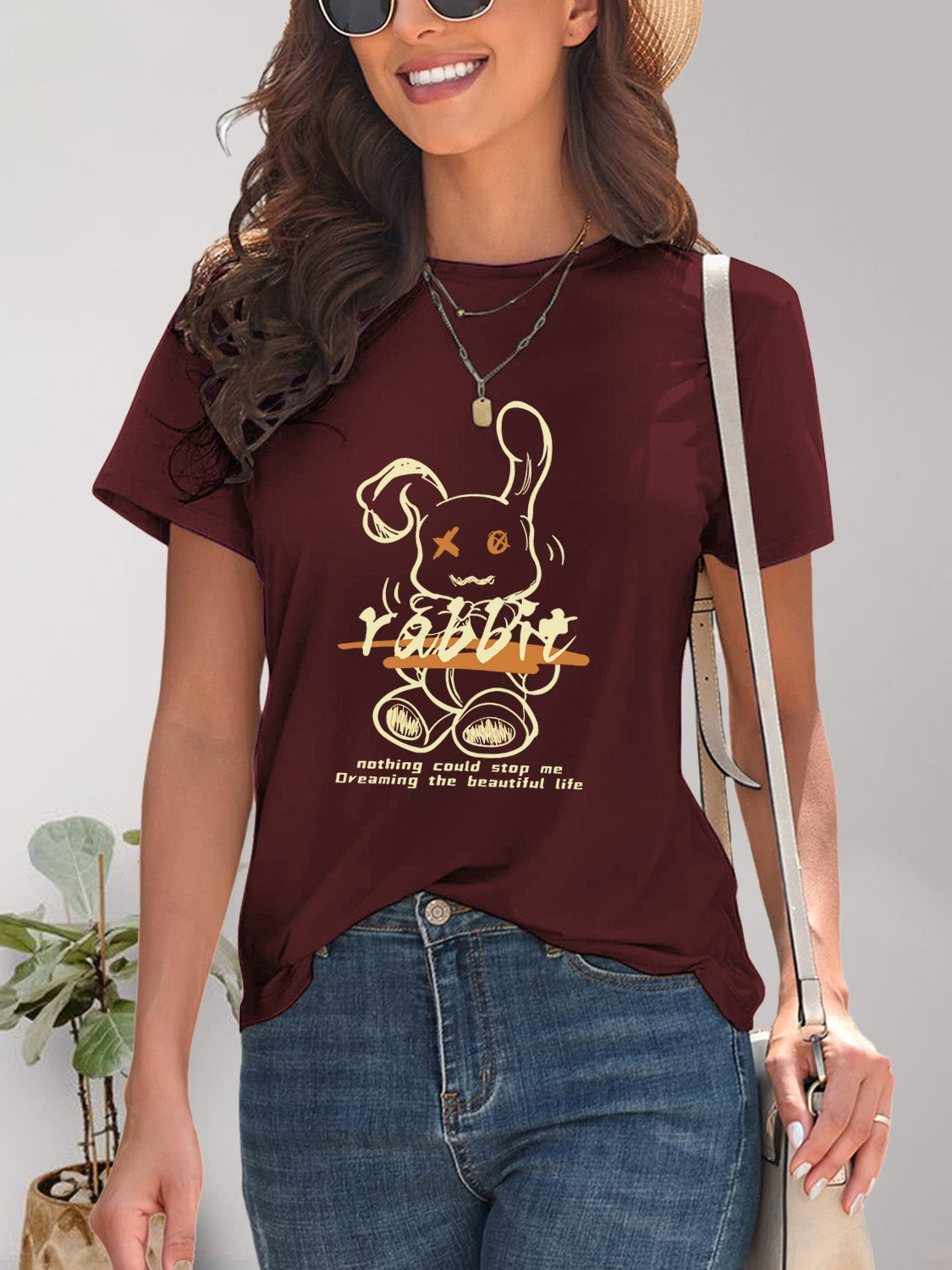 Maroon rabbit graphic t-shirt with round neck and short sleeves
