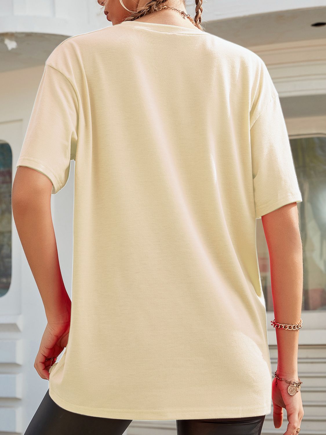 Back view of graphic round neck half sleeve t-shirt