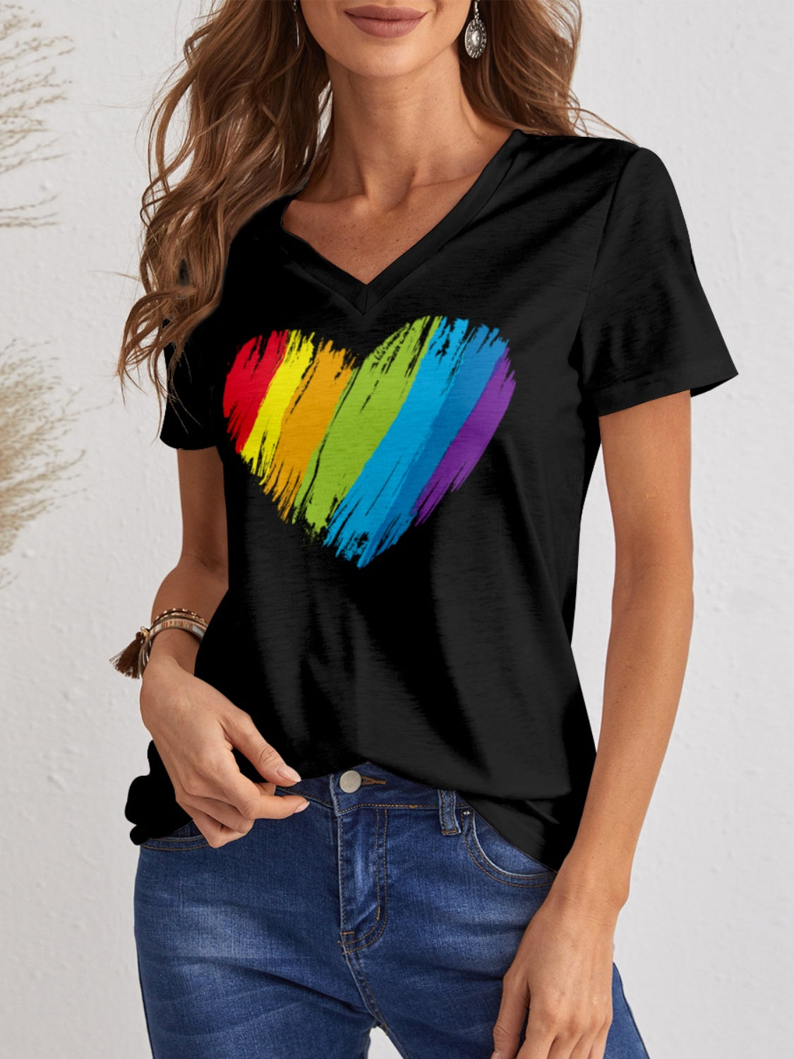 Heart V-Neck T-Shirt with rainbow design