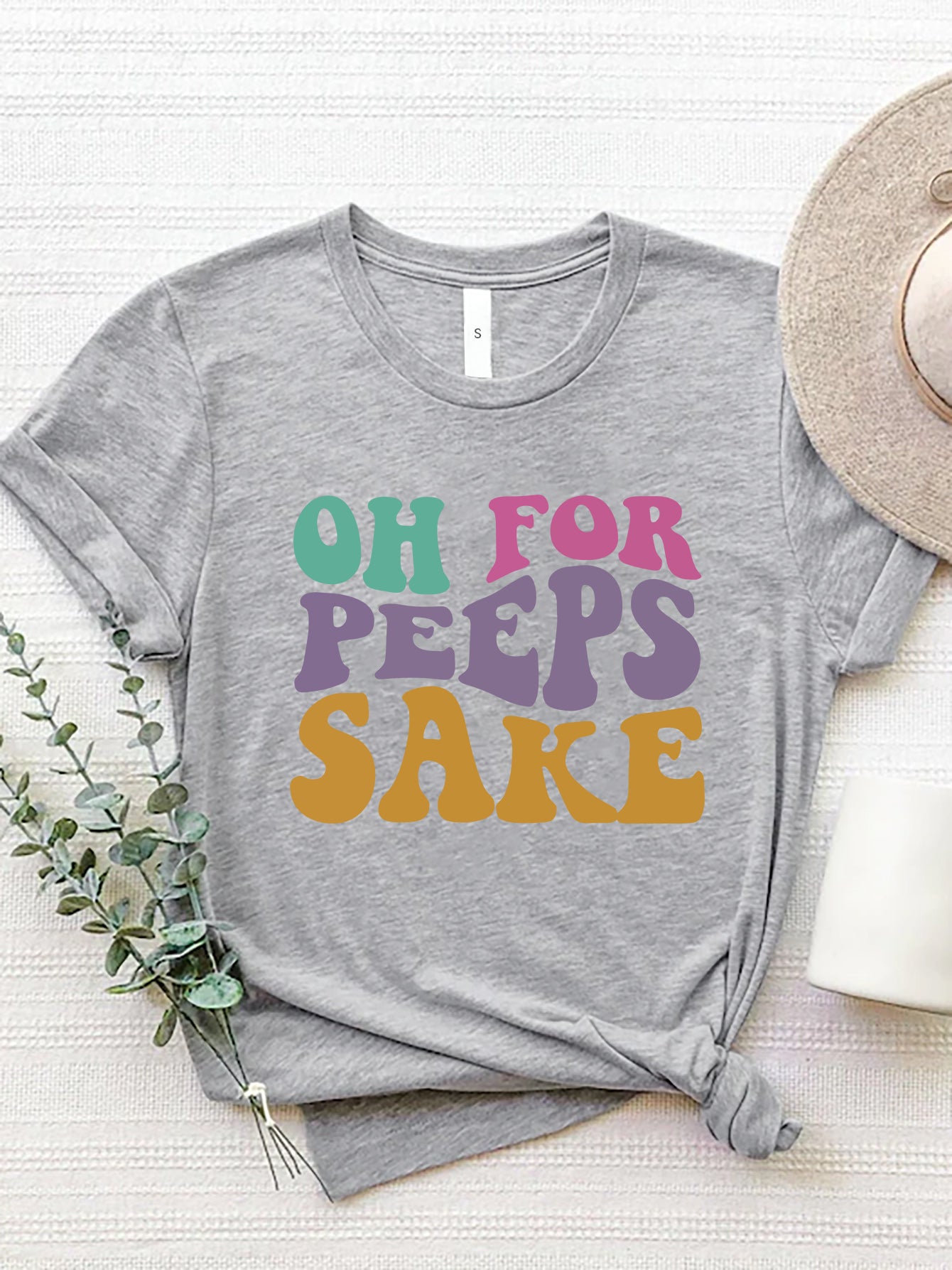 Gray OH FOR PEEPS SAKE round neck t-shirt with colorful text