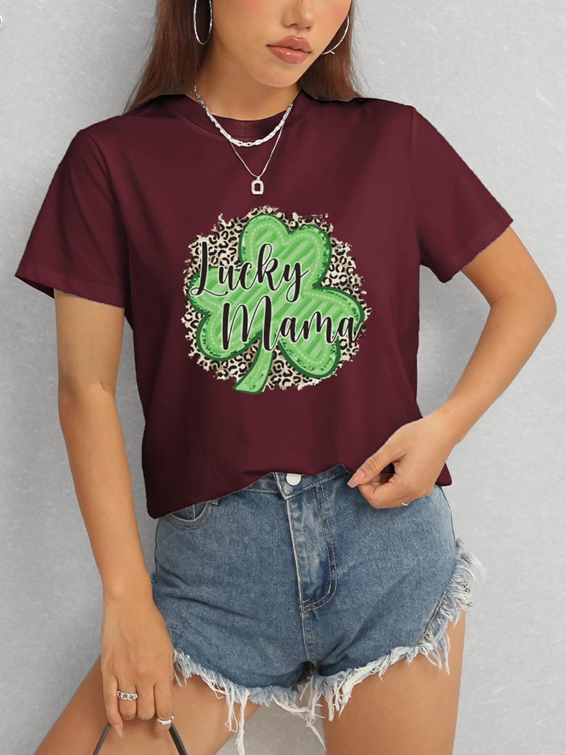 Burgundy Lucky Mama t-shirt styled casually
