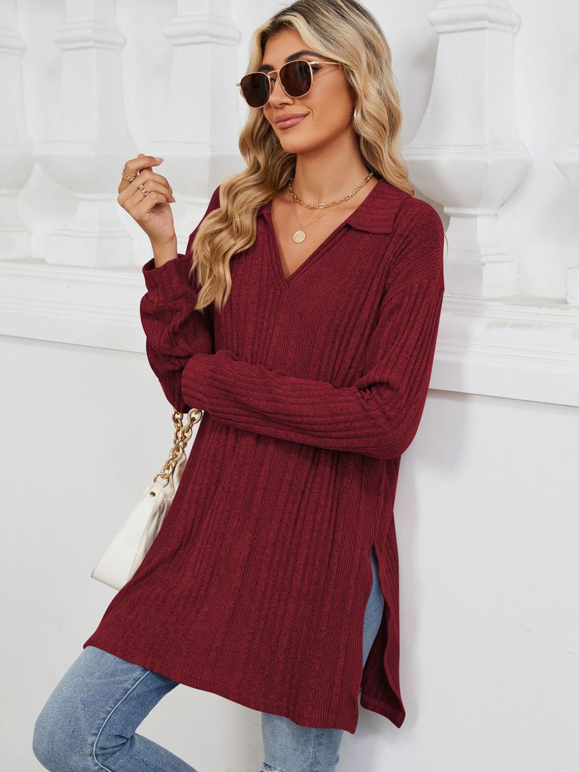 Red slit Johnny collar long sleeve t-shirt with sunglasses