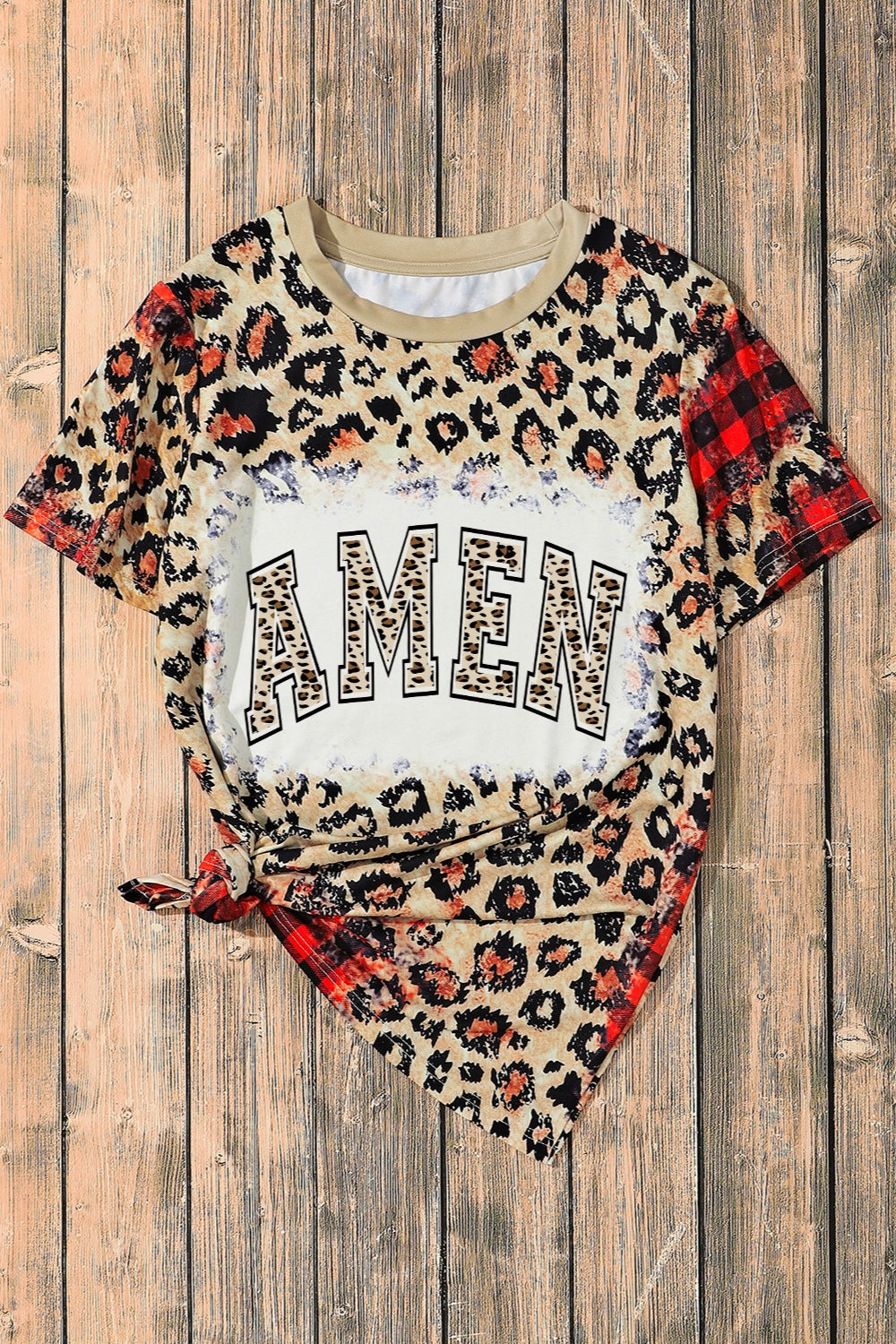 AMEN leopard print t-shirt laid flat with knot