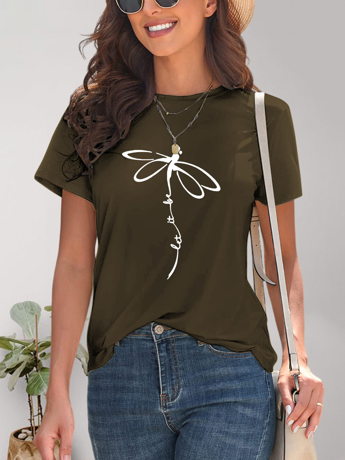 Dark olive dragonfly graphic t-shirt with necklace