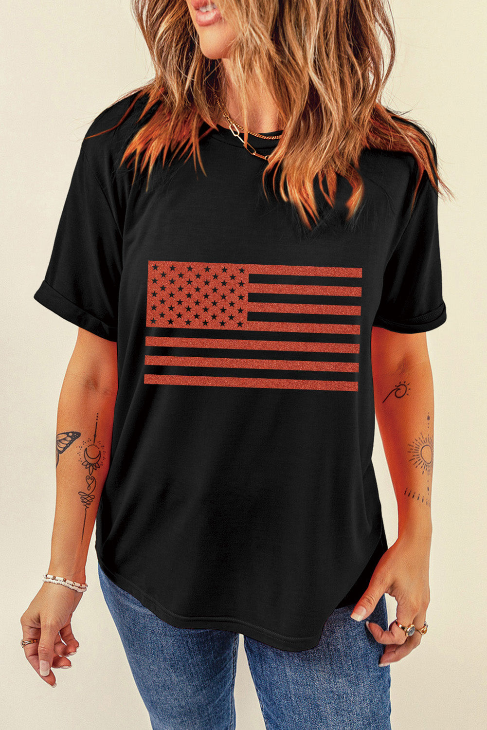 US Flag Round Neck Short Sleeve T-Shirt, front view