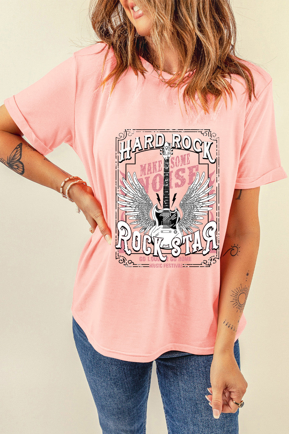 Pink graphic round neck short sleeve T-shirt, angled front view