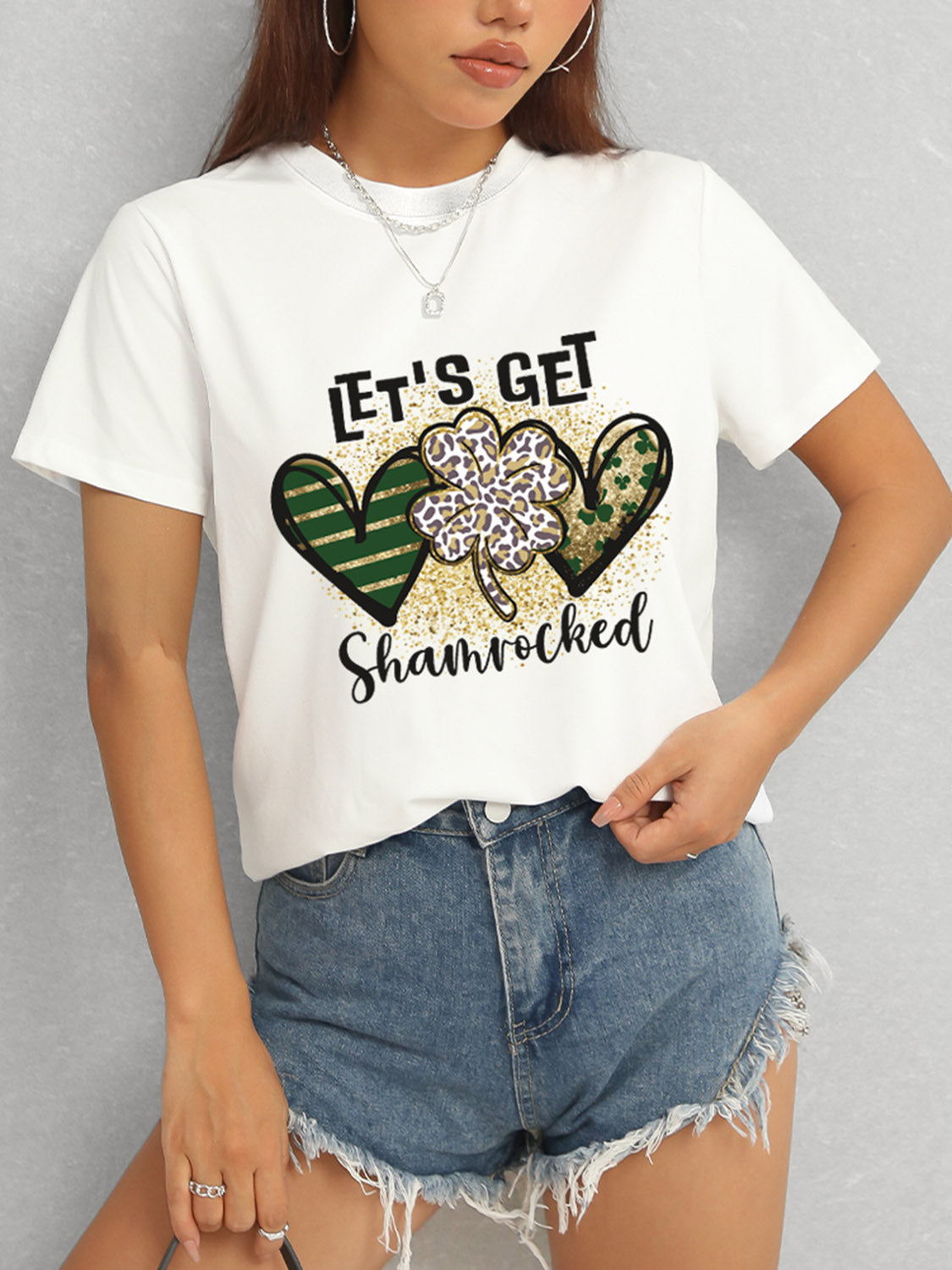 White Shamrock T-Shirt Paired with Denim Shorts
