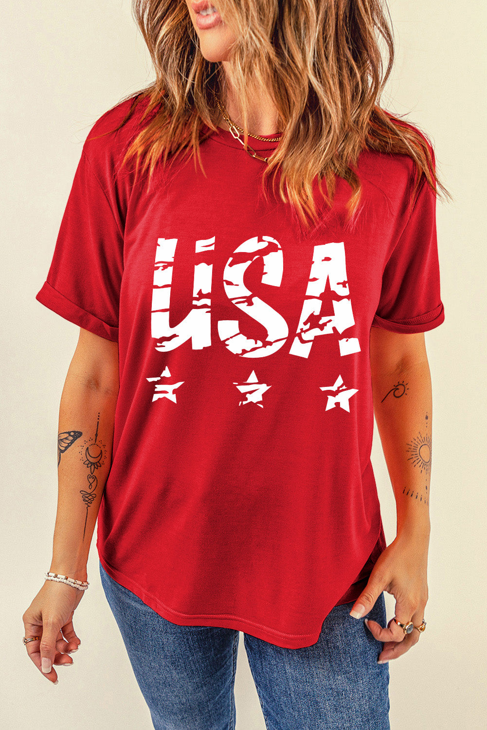 Red USA round neck short sleeve t-shirt front view
