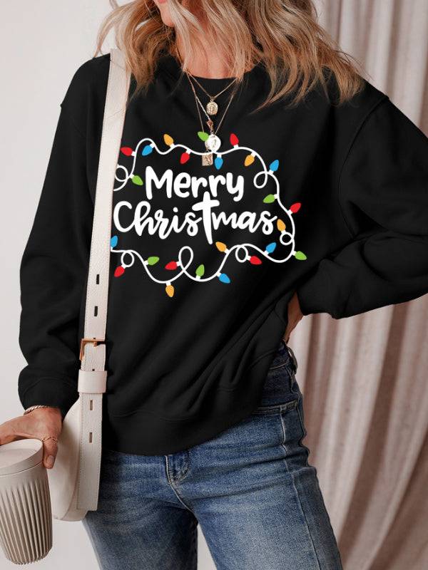 Black Merry Christmas sweatshirt with colorful lights design.