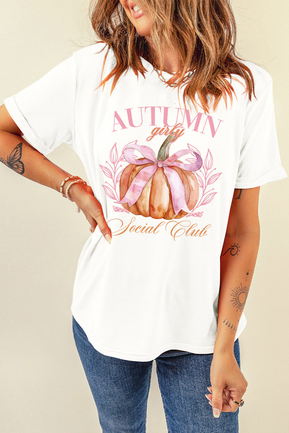 Autumn Girl Pumpkin Graphic T-Shirt, angled view