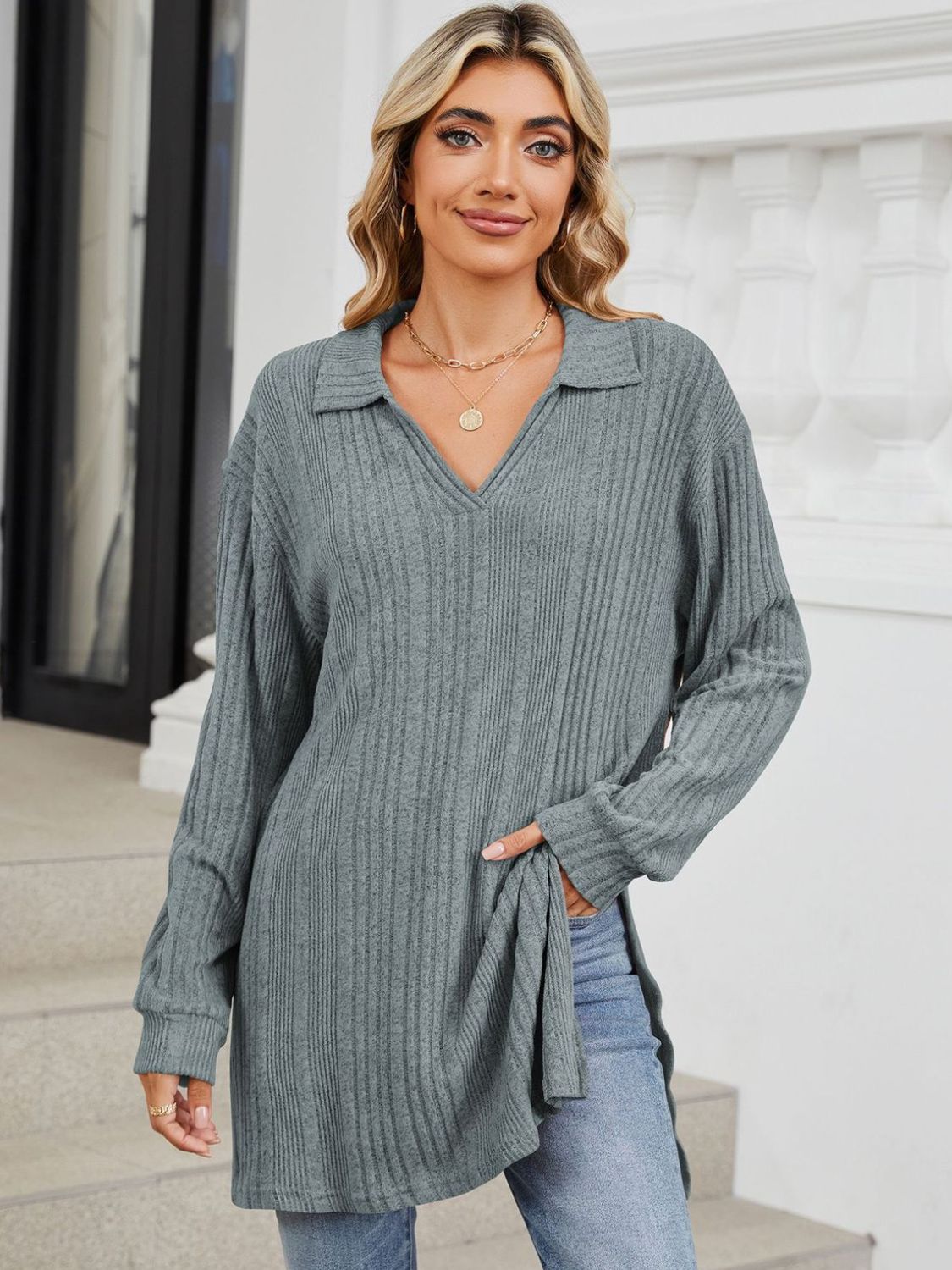 Green slit Johnny collar long sleeve t-shirt front view
