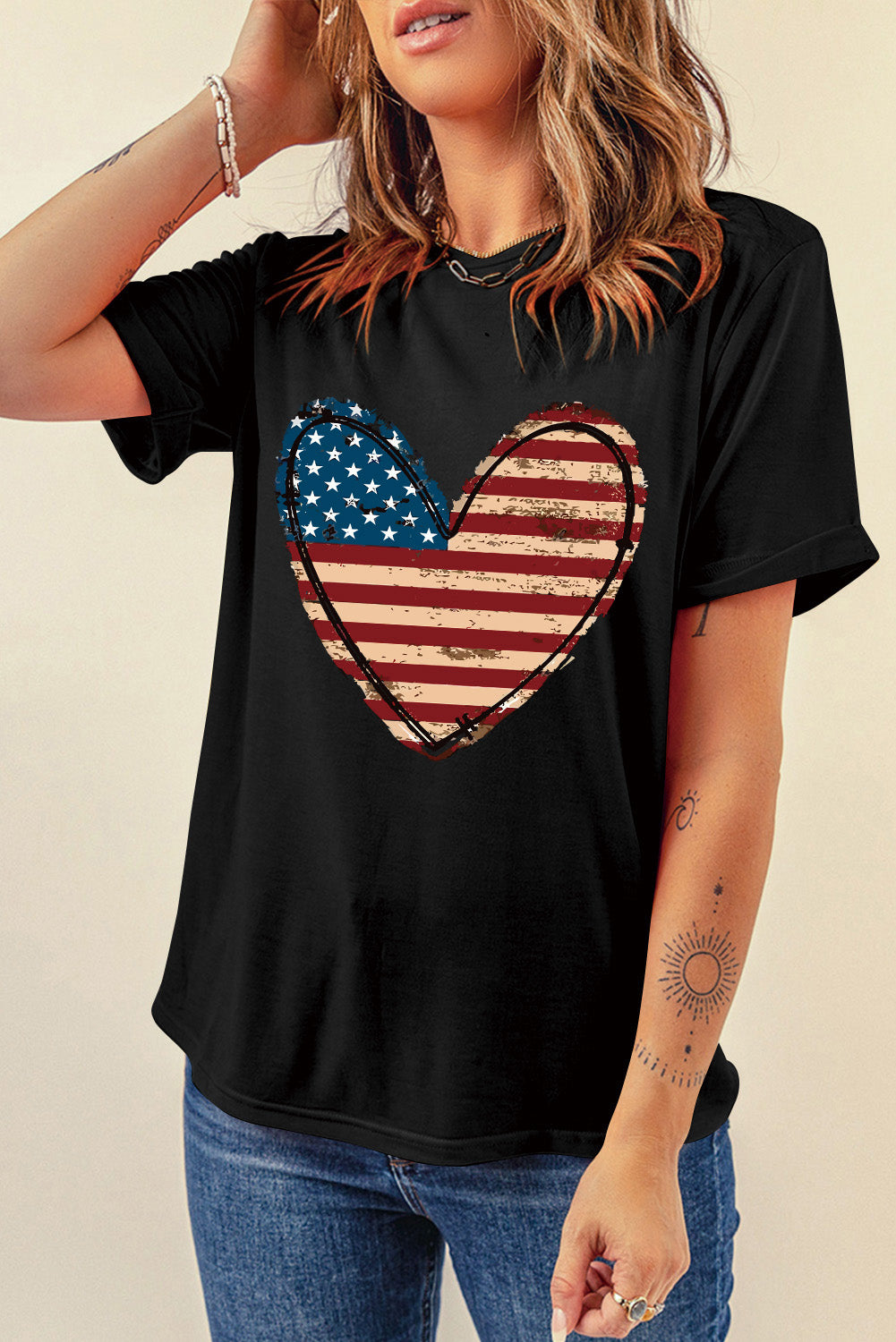 Stars and Stripes Heart T-Shirt, angled front view