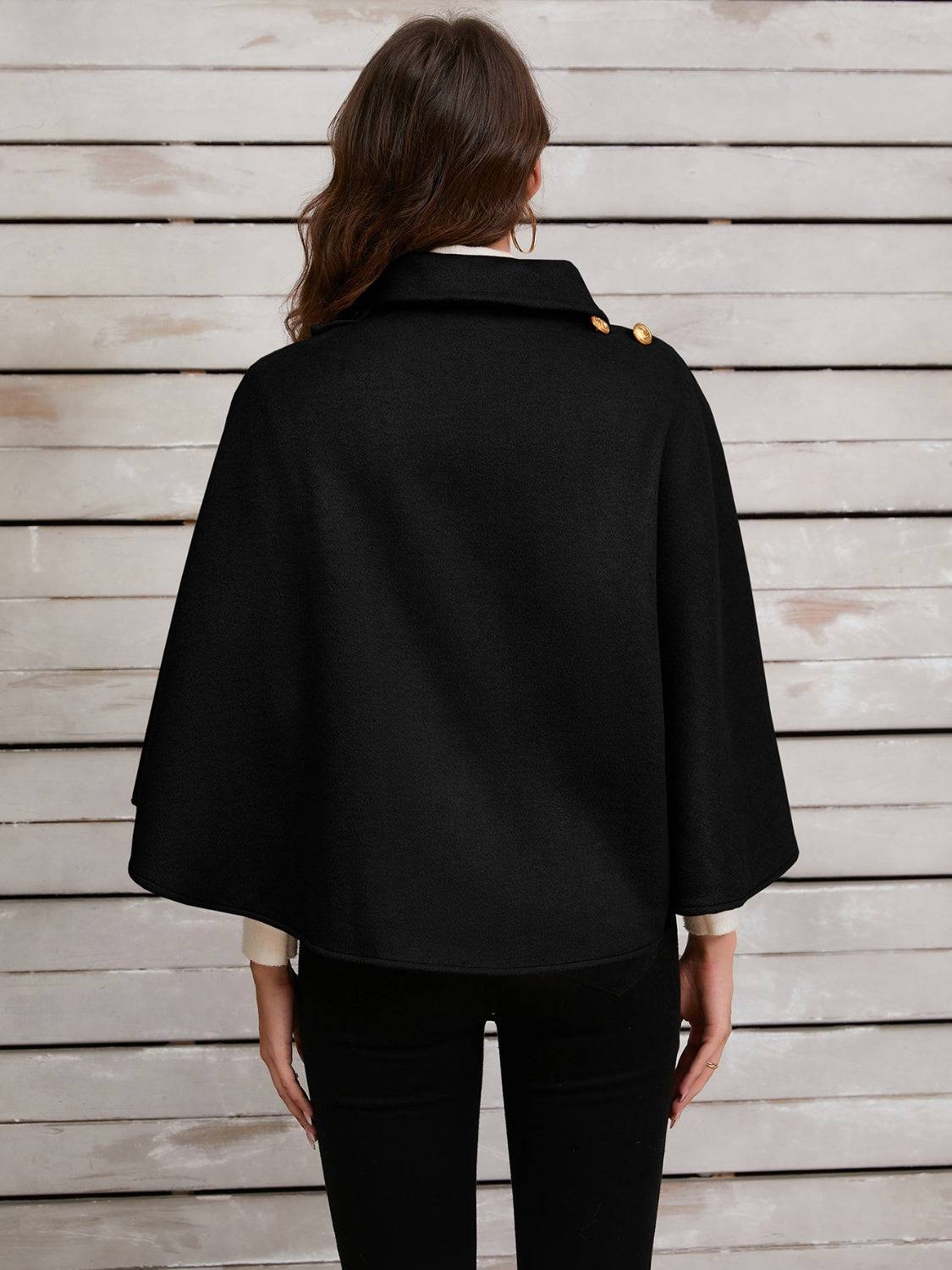 Black collared neck cropped cape, back view