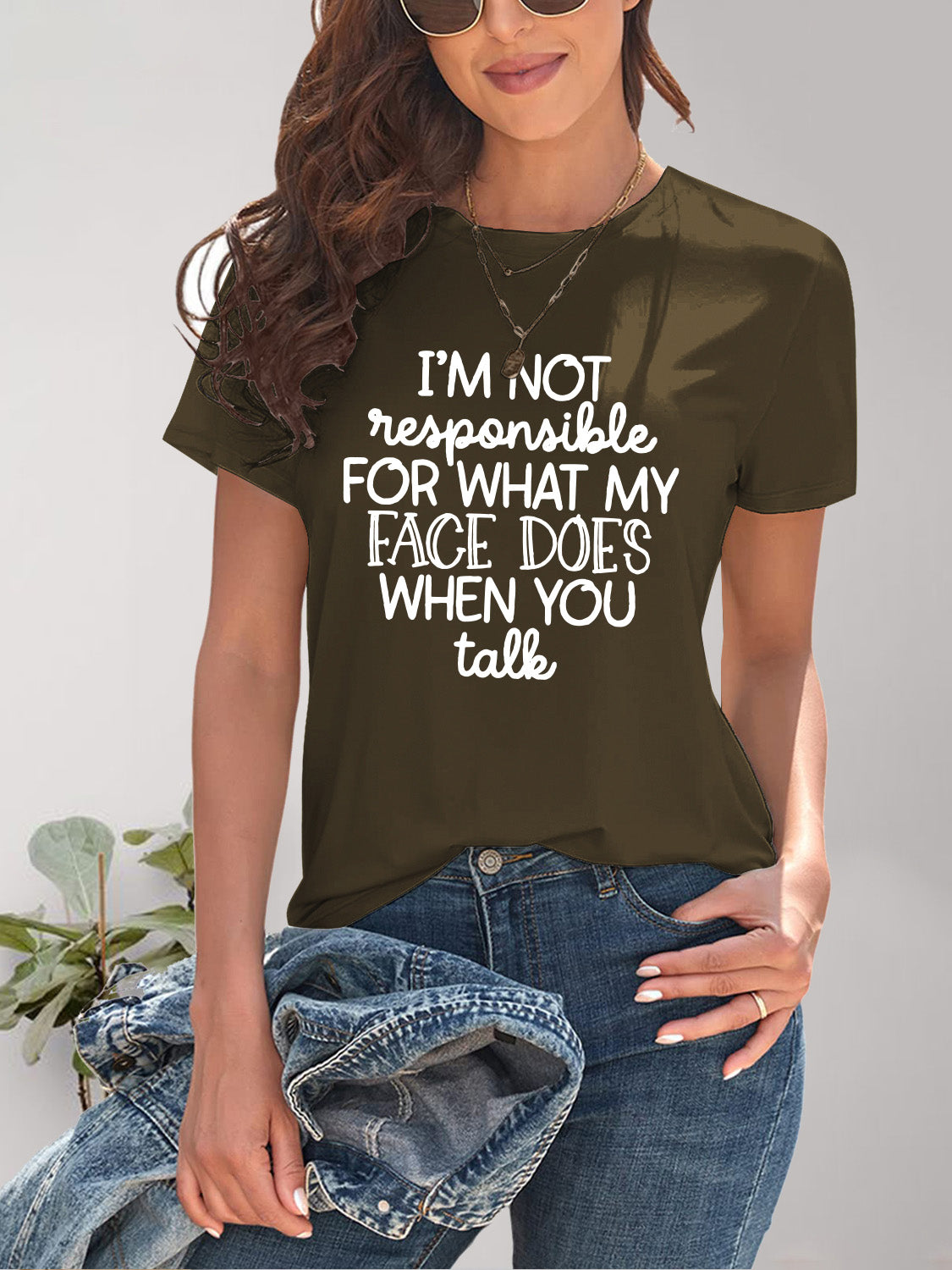 Olive green round neck T-shirt with letter graphic