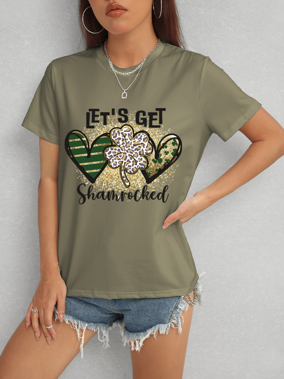Olive Green T-Shirt with Shamrock Design and Denim
