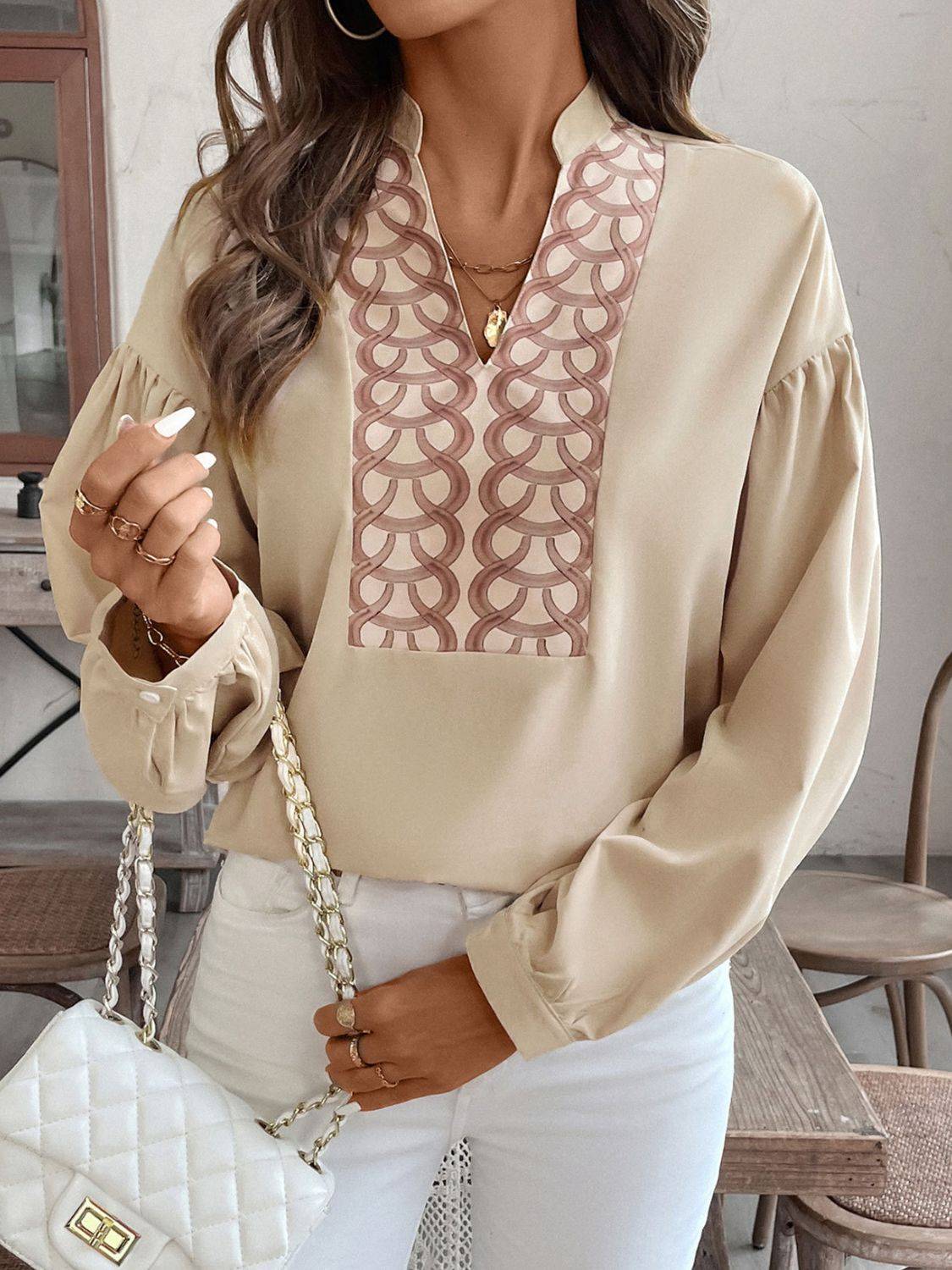 Perfee printed notched long sleeve blouse, styled with white bag