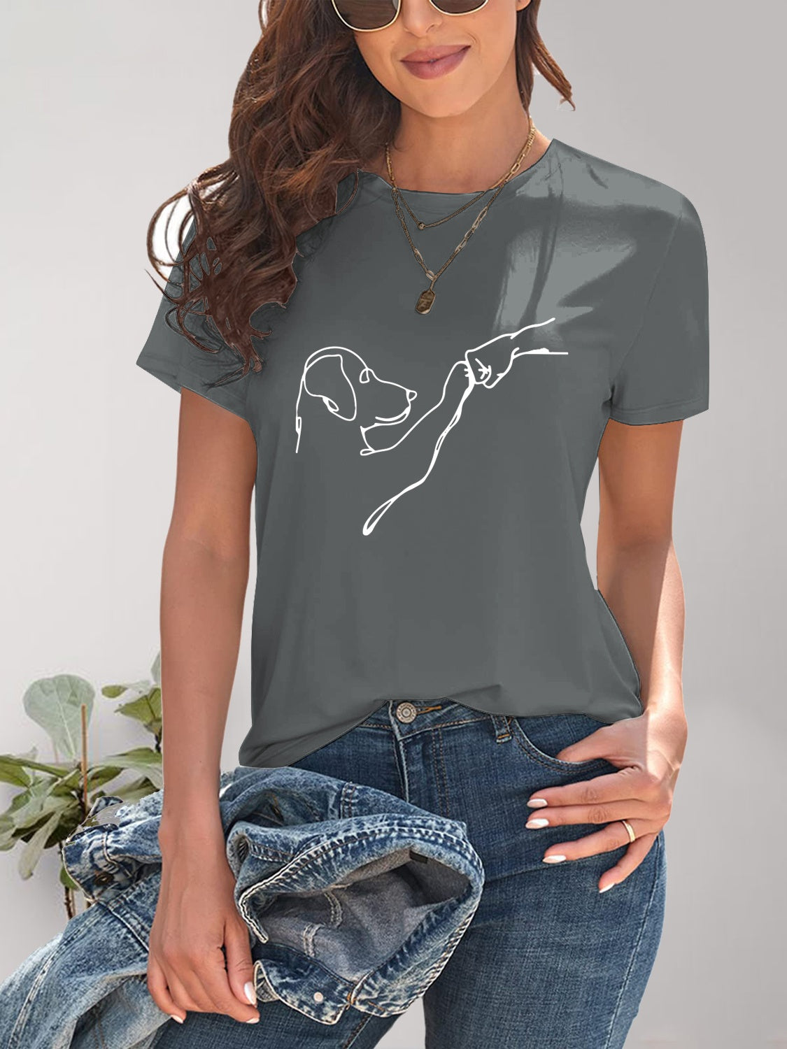 Gray dog graphic round neck t-shirt styled with accessories