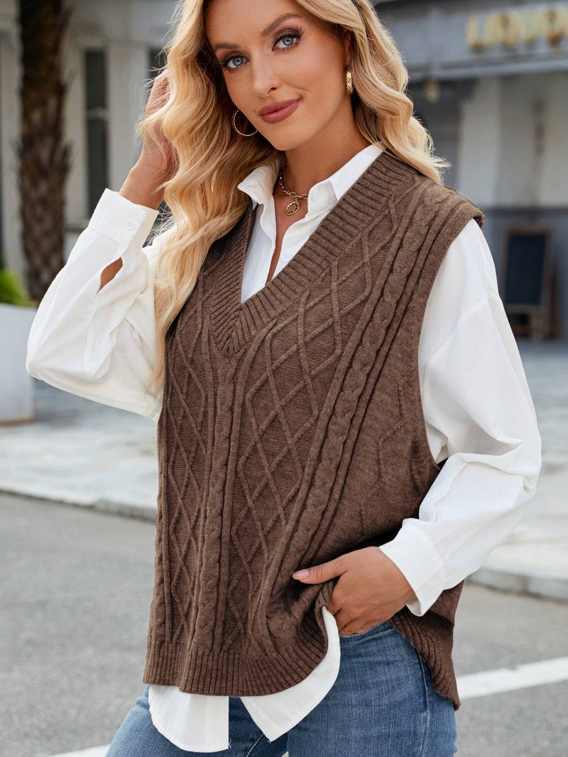 Brown cable knit V-neck sweater vest, side view