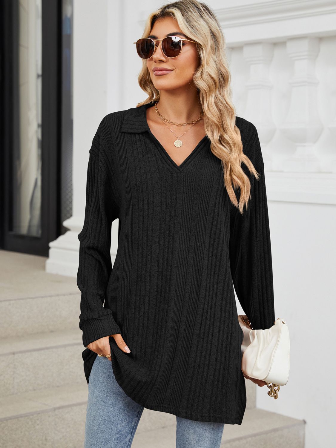 Black slit Johnny collar long sleeve t-shirt with sunglasses