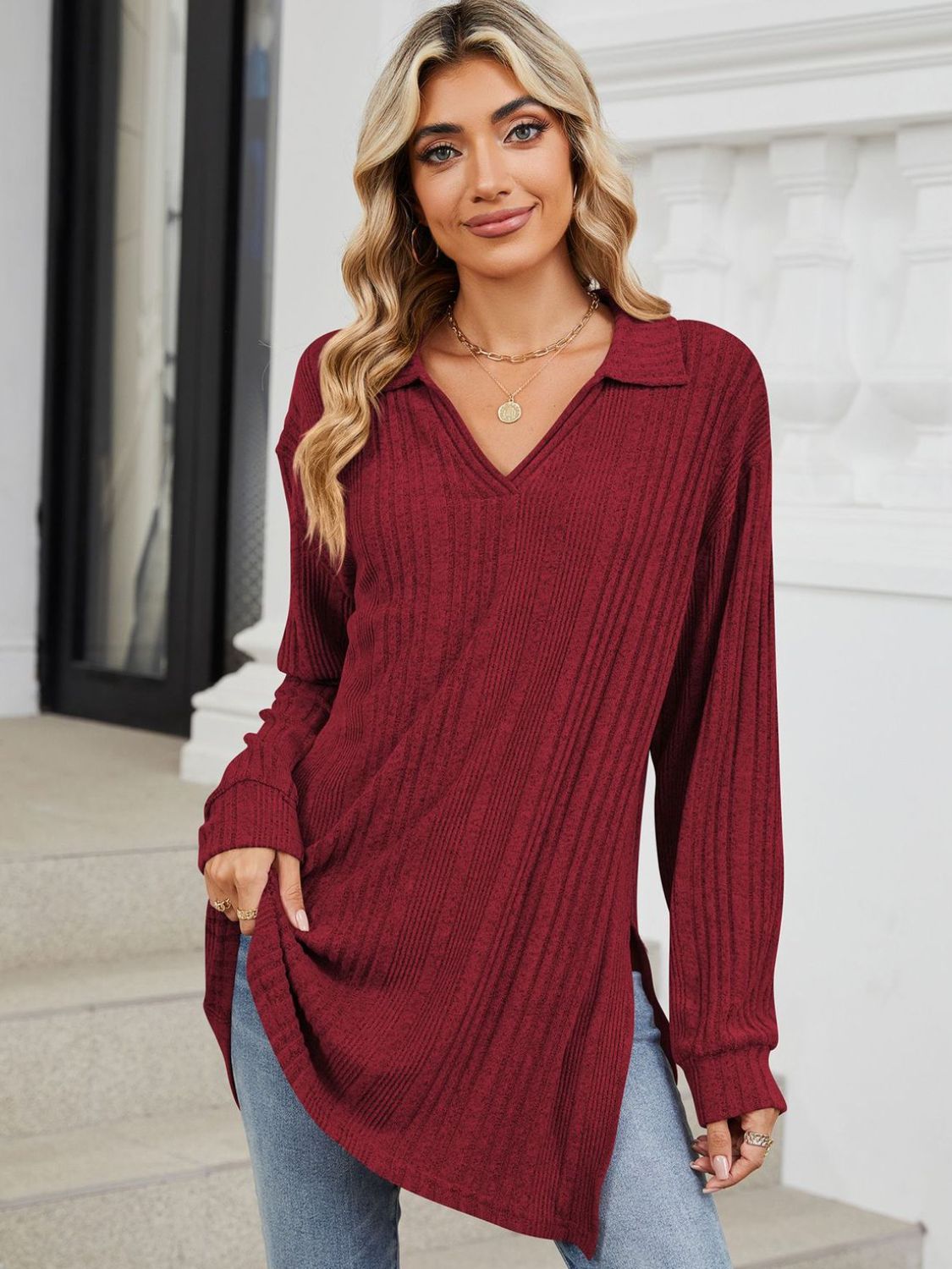 Red slit Johnny collar long sleeve t-shirt front view