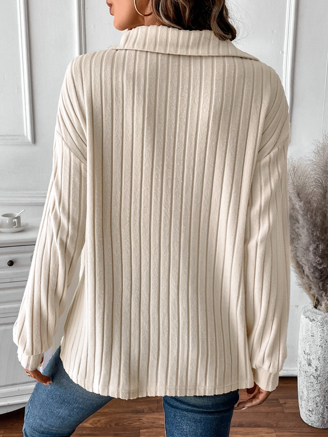 Back view of Ribbed Johnny Collar Long Sleeve T-Shirt