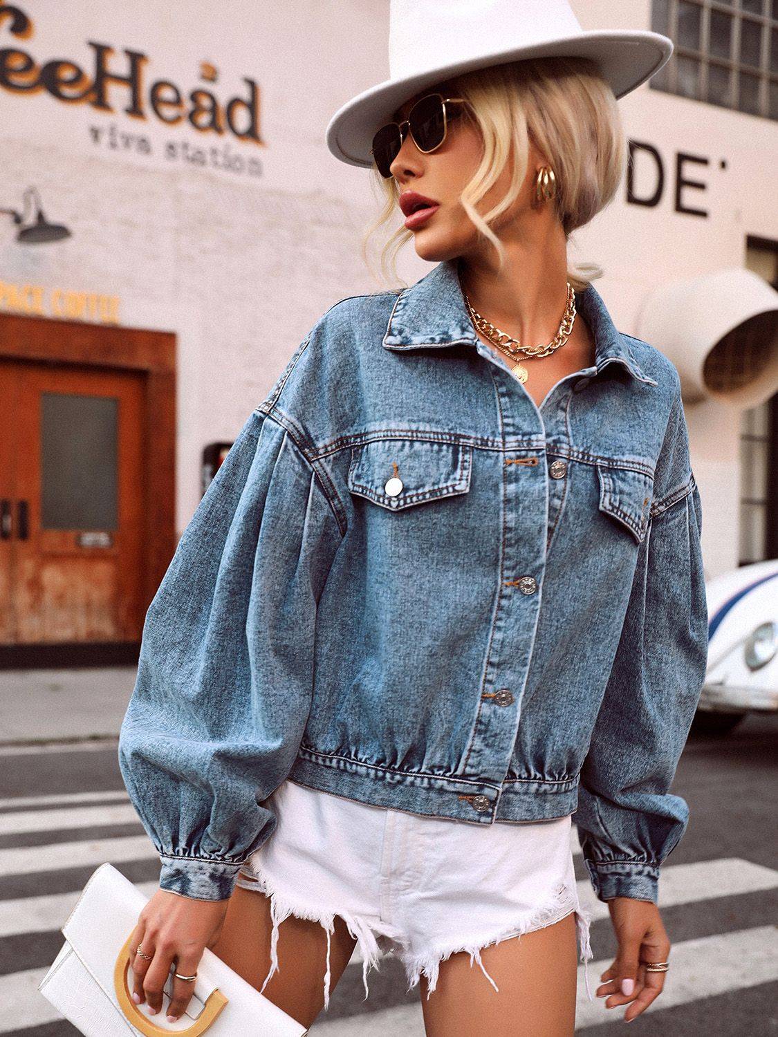 Model wearing collared denim top and white shorts