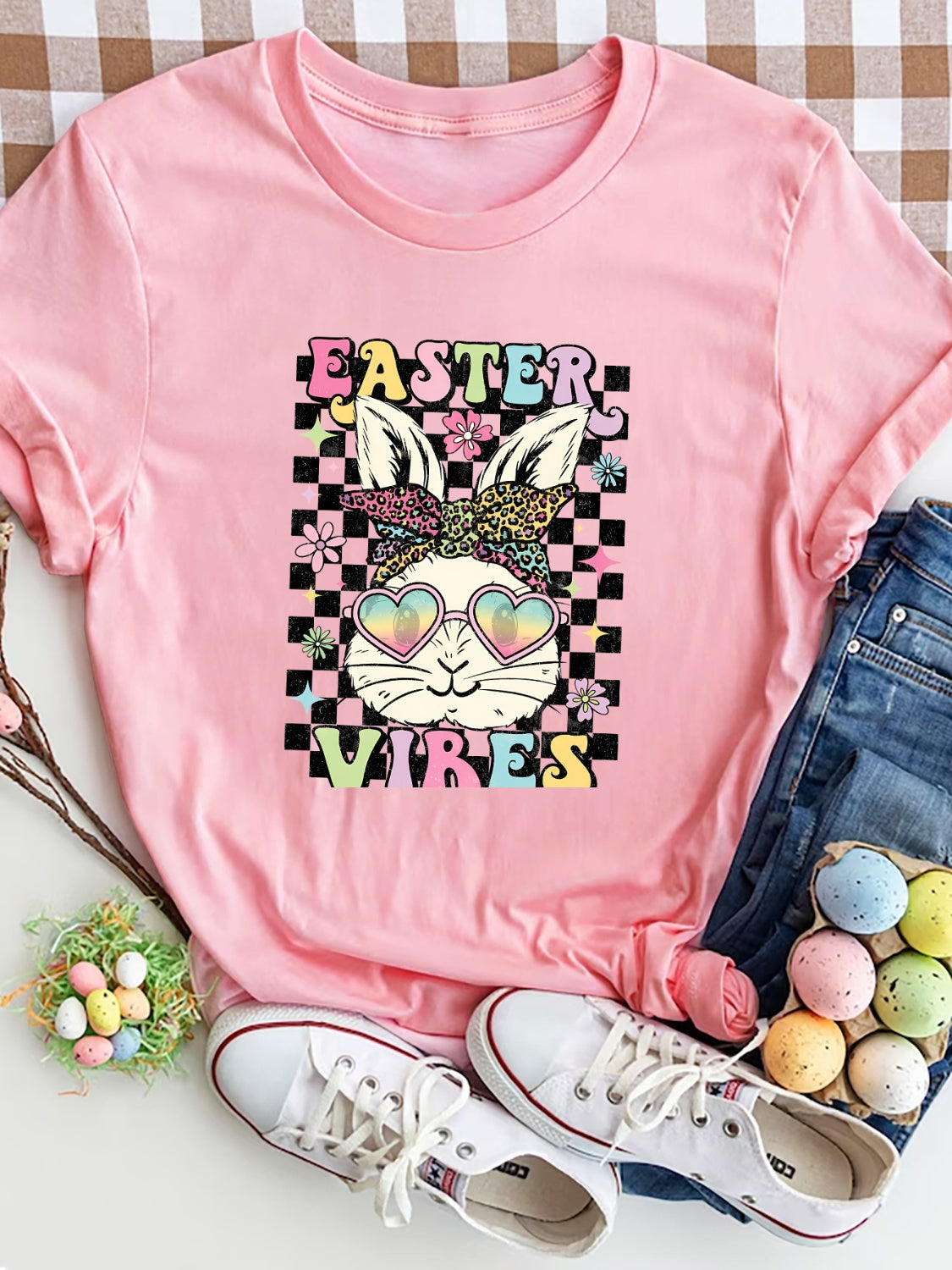 Pink Easter Vibes T-Shirt with bunny design