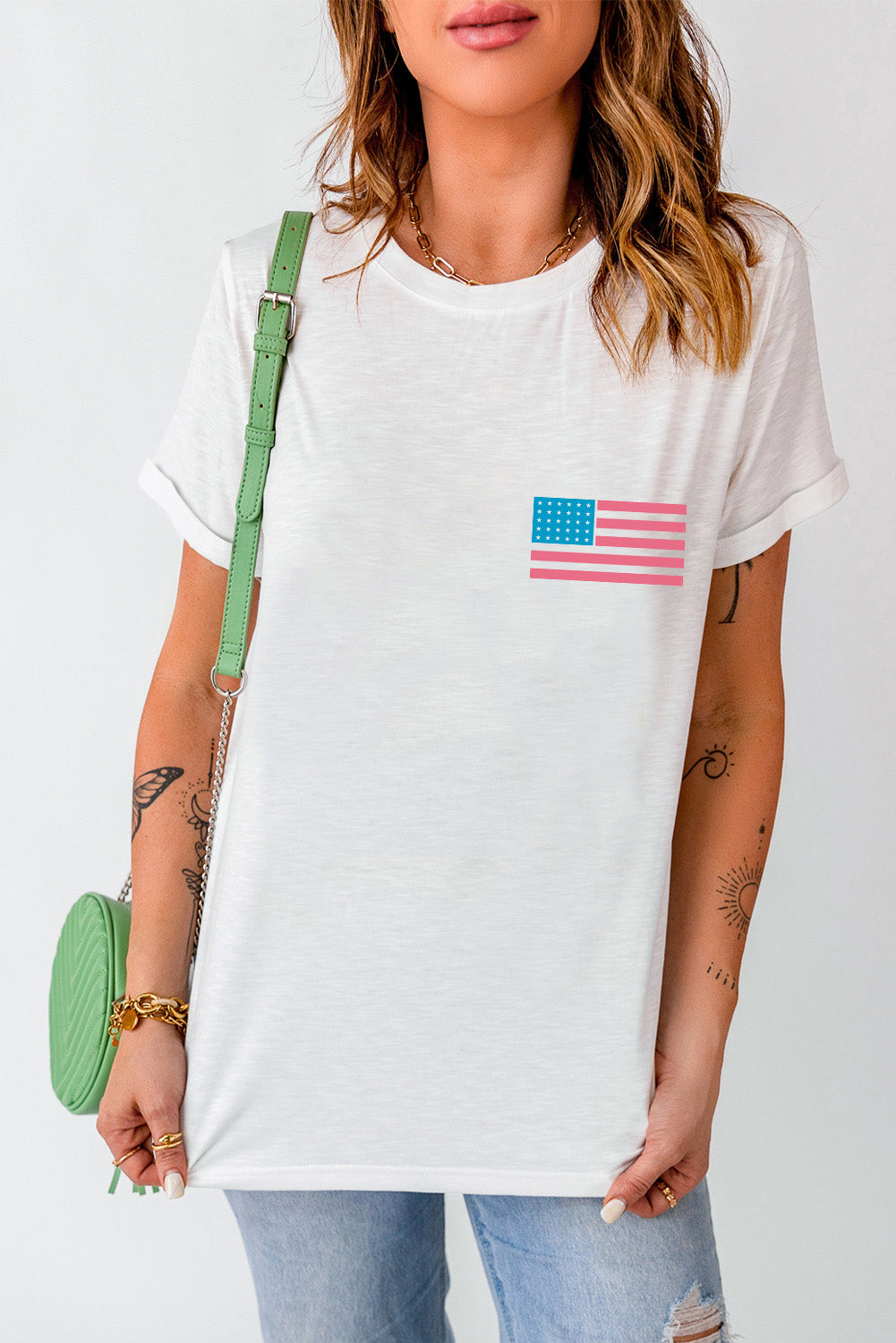 US Flag Round Neck T-Shirt with small flag on chest