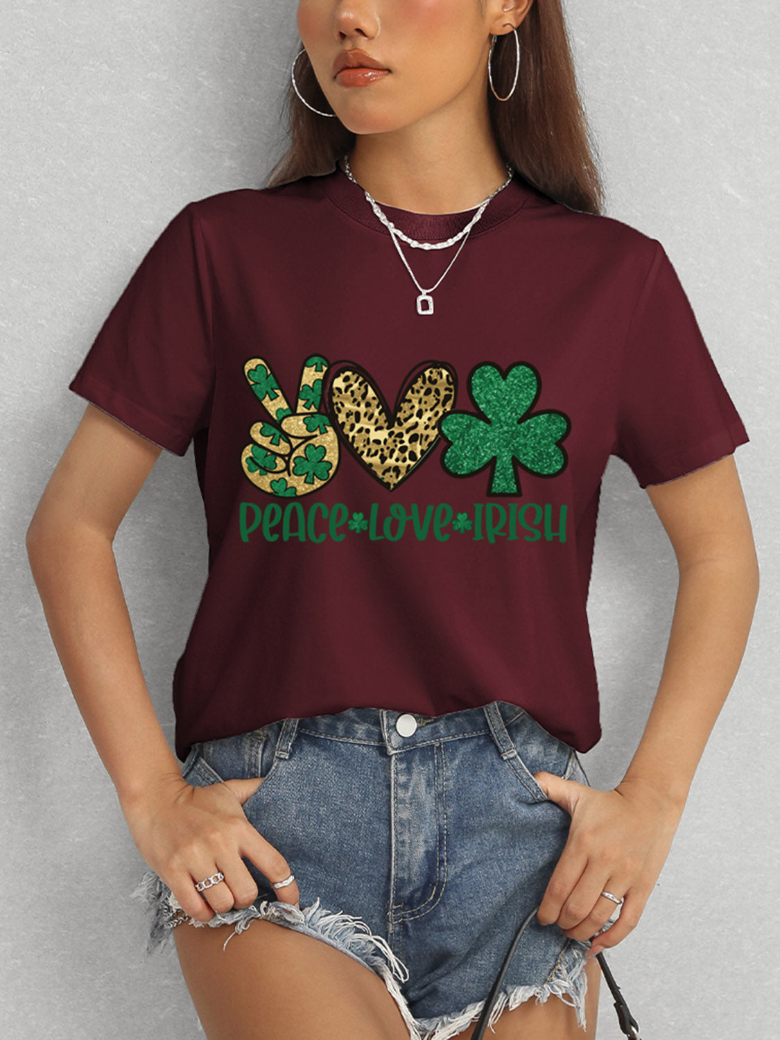 Burgundy Peace Love Irish T-Shirt styled with shorts